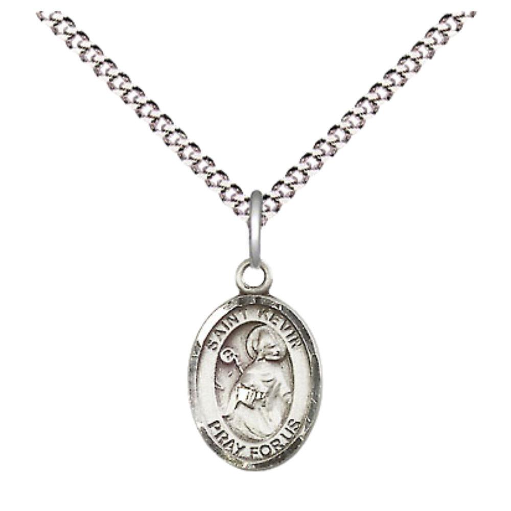 Small Sized Women's Pewter Saint St. Kevin Medal Pendant on 18 Inch Rhodium Plated Lite Curb Brass Chain with Lobster Claw Clasp, Catholic Religious Necklace - Made in USA- Velvet Gift Box