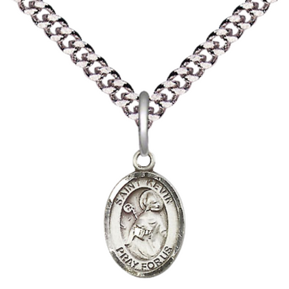 Everlasting Light Jewelry Small Sized Men's Pewter Saint St. Kevin Medal Pendant on 24 Inch Endless Rhodium Plated Heavy Curb Brass Chain, Catholic Religious Necklace - Made in USA- Deluxe Velvet Gift Box