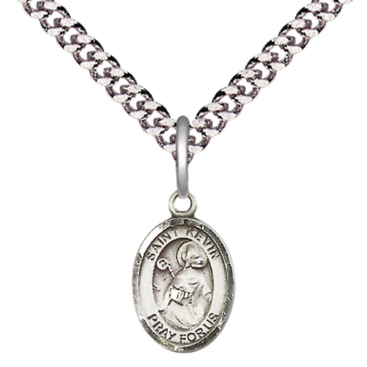 Everlasting Light Jewelry Small Sized Men's Pewter Saint St. Kevin Medal Pendant on 24 Inch Endless Rhodium Plated Heavy Curb Brass Chain, Catholic Religious Necklace - Made in USA- Deluxe Velvet Gift Box
