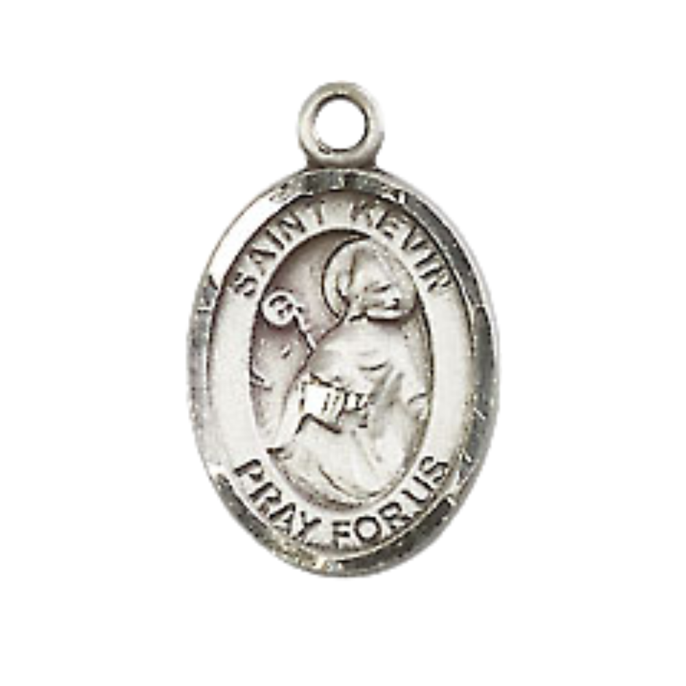 Everlasting Light Jewelry Small Sized Men's Pewter Saint St. Kevin Medal Pendant on 24 Inch Endless Rhodium Plated Heavy Curb Brass Chain, Catholic Religious Necklace - Made in USA- Deluxe Velvet Gift Box