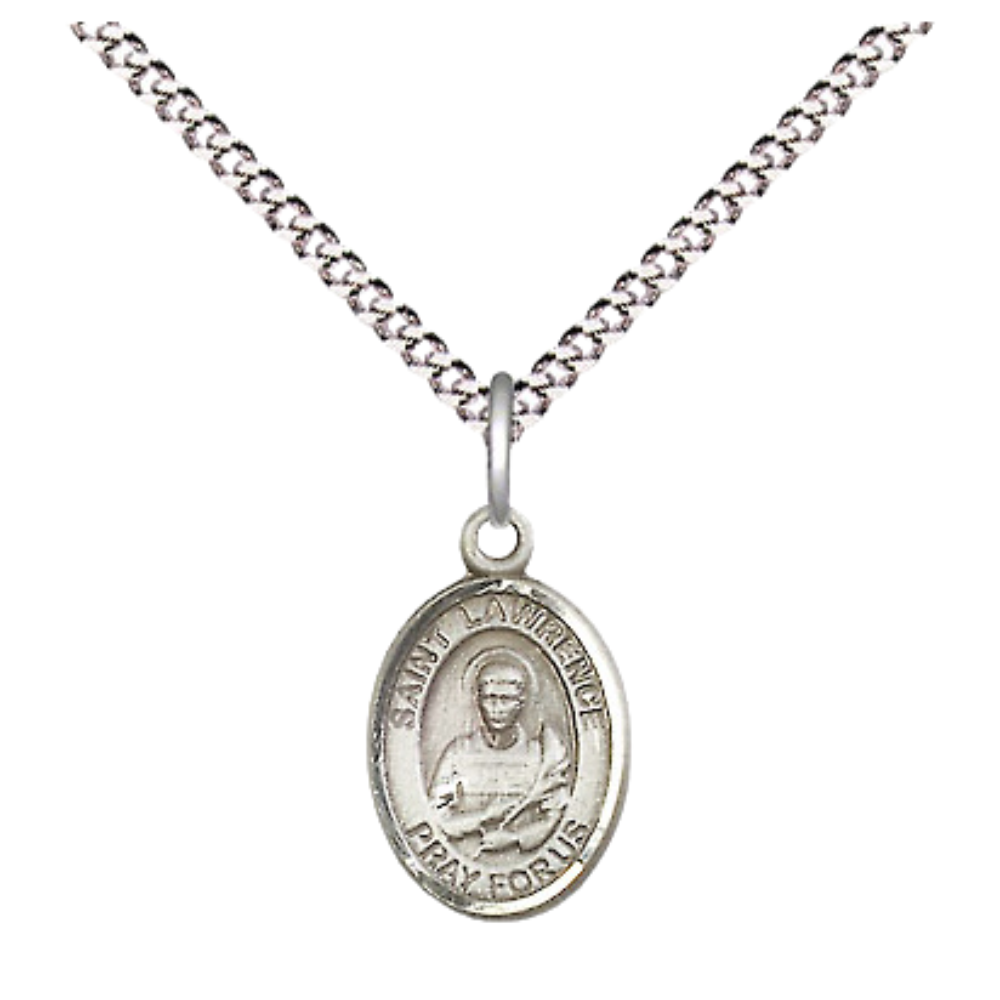 Small Sized Women's Pewter Saint St. Lawrence Medal Pendant on 18 Inch Rhodium Plated Lite Curb Brass Chain with Lobster Claw Clasp, Catholic Religious Necklace - Made in USA- Velvet Gift Box