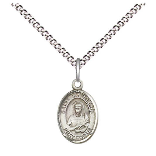 Small Sized Women's Pewter Saint St. Lawrence Medal Pendant on 18 Inch Rhodium Plated Lite Curb Brass Chain with Lobster Claw Clasp, Catholic Religious Necklace - Made in USA- Velvet Gift Box