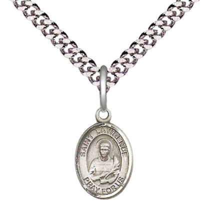 Small Sized Men's Pewter Saint St. Lawrence Medal Pendant on 24 Inch Endless Rhodium Plated Heavy Curb Brass Chain, Catholic Religious Necklace - Made in USA- Deluxe Velvet Gift Box