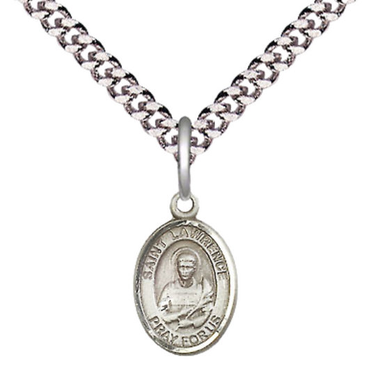 Small Sized Men's Pewter Saint St. Lawrence Medal Pendant on 24 Inch Endless Rhodium Plated Heavy Curb Brass Chain, Catholic Religious Necklace - Made in USA- Deluxe Velvet Gift Box