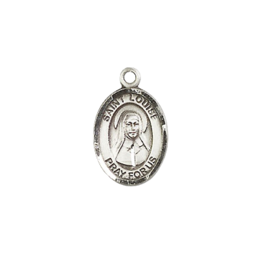 Small Sized Women's Pewter Saint St. Louise de Marillac Medal Pendant on 18 Inch Rhodium Plated Lite Curb Brass Chain with Lobster Claw Clasp, Catholic Religious Necklace - Made in USA- Velvet Gift Box