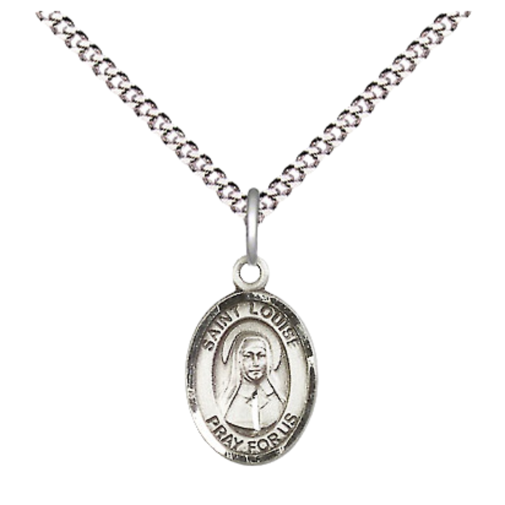 Small Sized Women's .925 Sterling Silver Saint St. Louise de Marillac Medal Pendant on 18 Inch Rhodium Plated Lite Curb Brass Chain w/ Lobster Claw Clasp, Catholic Religious Necklace - Made in USA- Velvet Gift Box