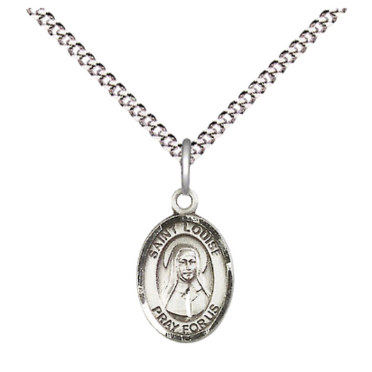 Small Sized Women's .925 Sterling Silver Saint St. Louise de Marillac Medal Pendant on 18 Inch Rhodium Plated Lite Curb Brass Chain w/ Lobster Claw Clasp, Catholic Religious Necklace - Made in USA- Velvet Gift Box
