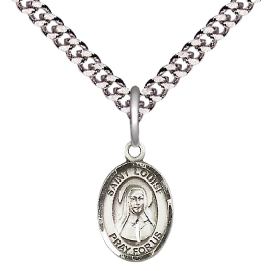 Small Sized Men's .925 Sterling Silver Saint St. Louise de Marillac Medal Pendant on 24 Inch Endless Rhodium Plated Heavy Curb Brass Chain, Catholic Religious Necklace - Made in USA- Deluxe Velvet Gift Box