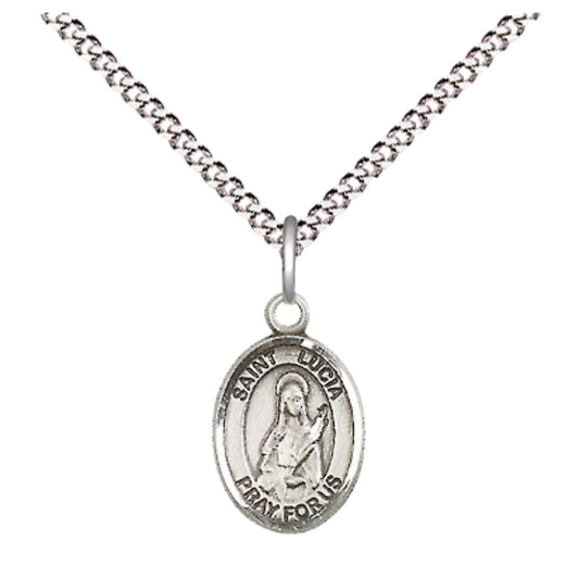 Small Sized Women's Pewter Saint St. Lucia of Syracuse Medal Pendant on 18 Inch Rhodium Plated Lite Curb Brass Chain with Lobster Claw Clasp, Catholic Religious Necklace - Made in USA- Velvet Gift Box