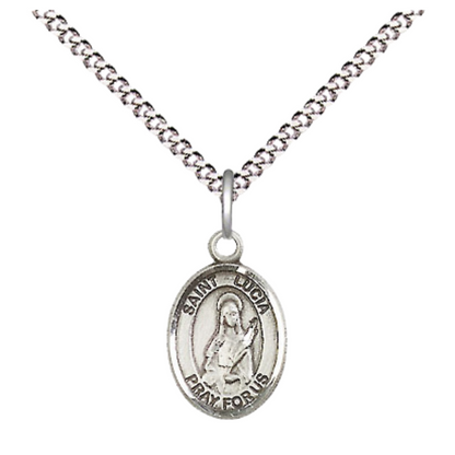 Small Sized Women's .925 Sterling Silver Saint St. Lucia of Syracuse Medal Pendant on 18 Inch Rhodium Plated Lite Curb Brass Chain with Lobster Claw Clasp, Catholic Religious Necklace - Made in USA- Velvet Gift Box