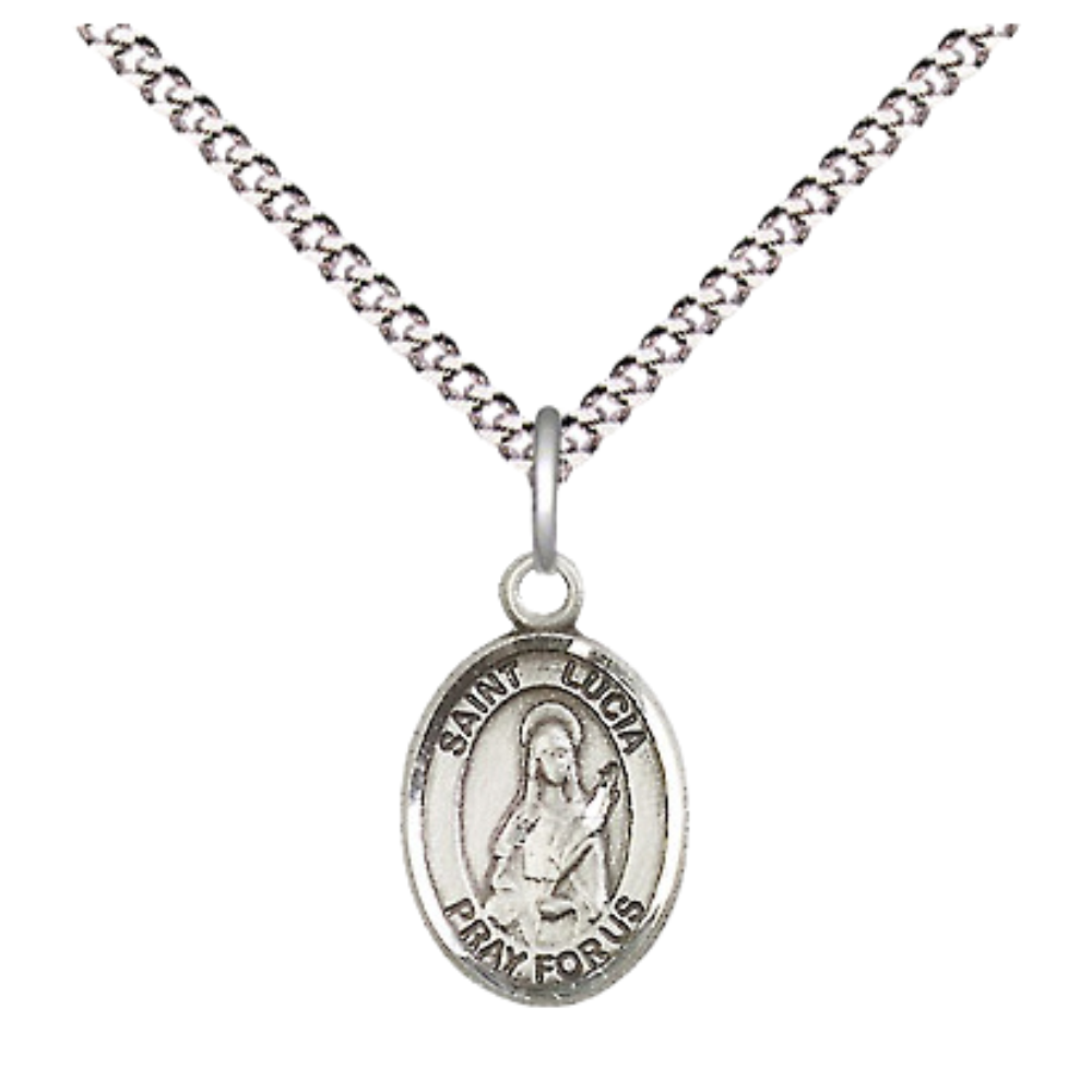Small Sized Women's Pewter Saint St. Lucia of Syracuse Medal Pendant on 18 Inch Rhodium Plated Lite Curb Brass Chain with Lobster Claw Clasp, Catholic Religious Necklace - Made in USA- Velvet Gift Box