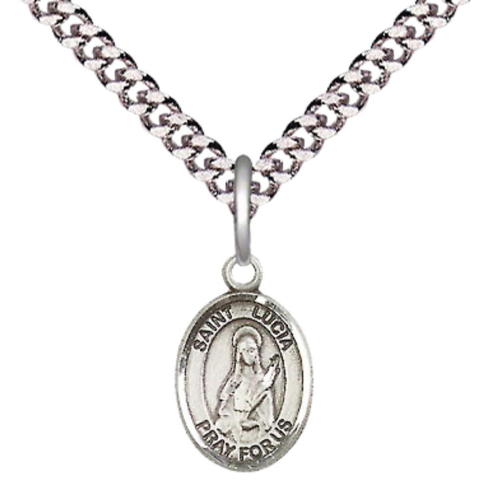 Small Sized Men's Pewter Saint St. Lucia of Syracuse Medal Pendant on 24 Inch Endless Rhodium Plated Heavy Curb Brass Chain, Catholic Religious Necklace - Made in USA- Deluxe Velvet Gift Box
