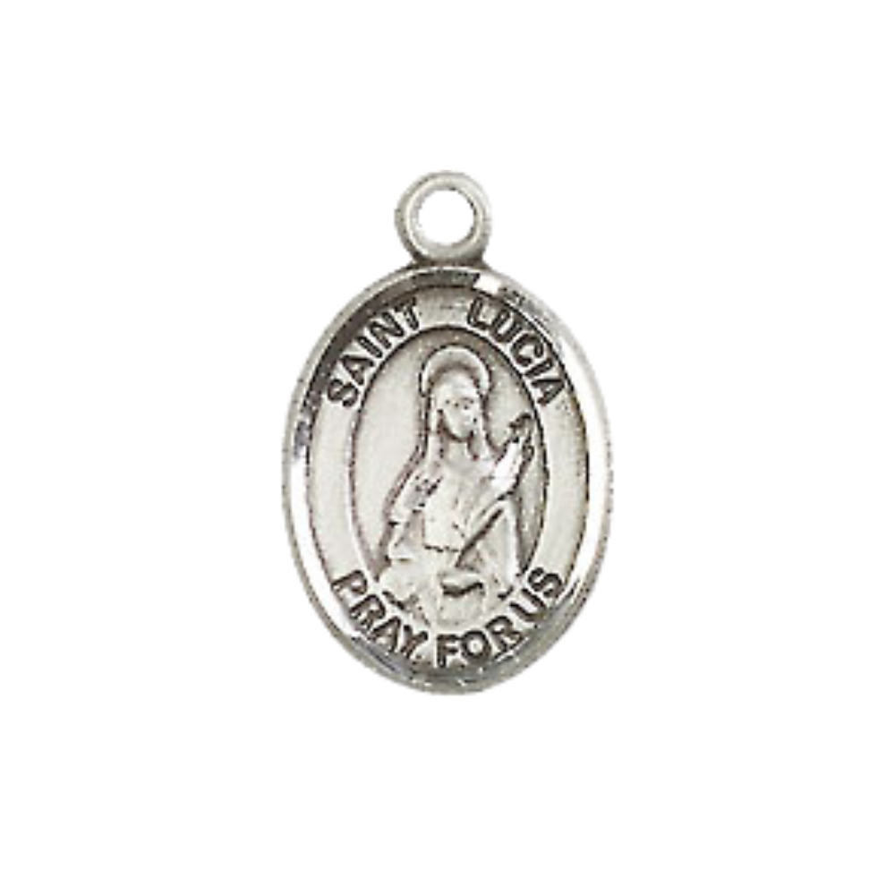 Small Sized Men's .925 Sterling Silver Saint St. Lucia of Syracuse Medal Pendant on 24 Inch Endless Rhodium Plated Heavy Curb Brass Chain, Catholic Religious Necklace - Made in USA- Deluxe Velvet Gift Box