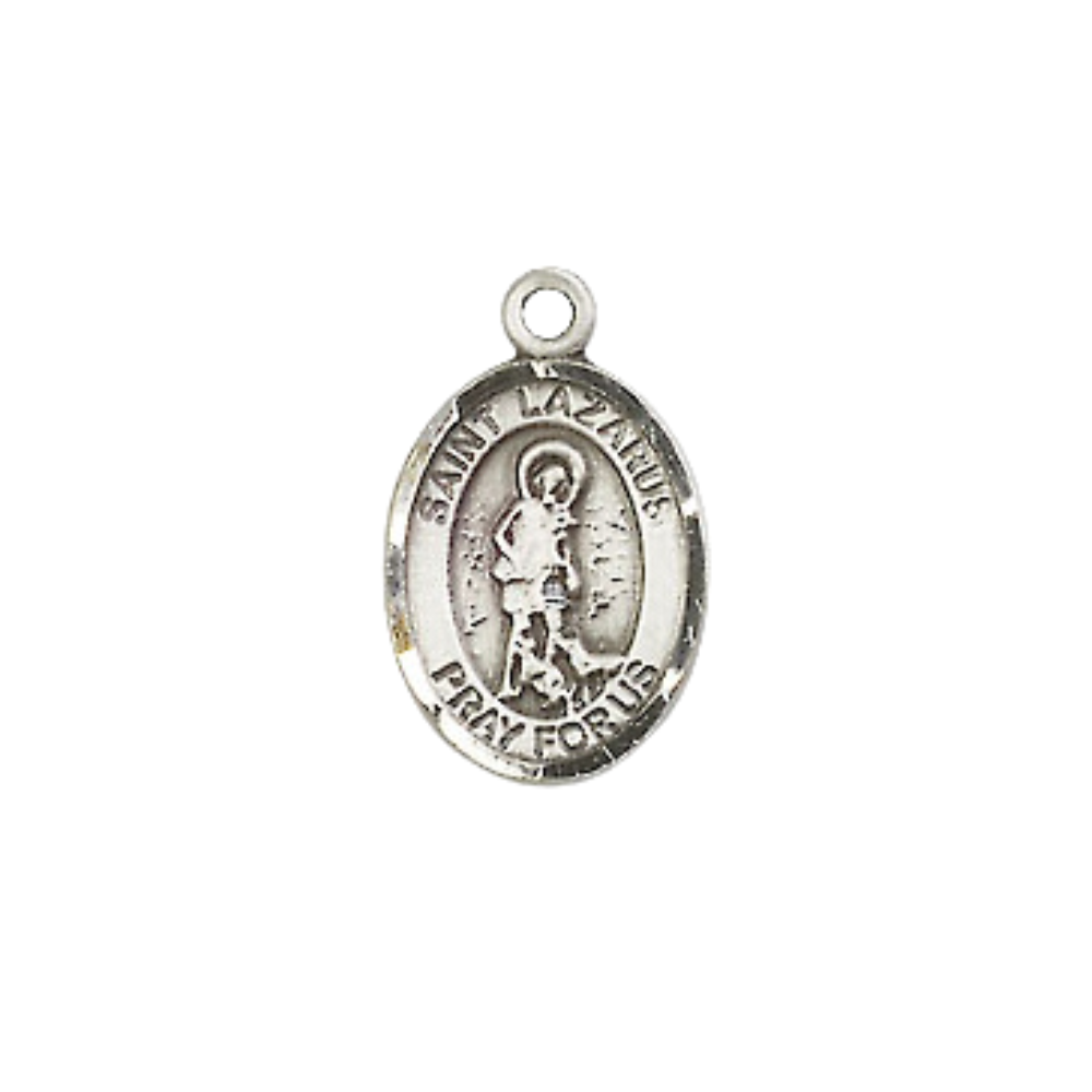 Small Sized Women's .925 Sterling Silver Saint St. Lazarus Medal Pendant on 18 Inch Rhodium Plated Lite Curb Brass Chain with Lobster Claw Clasp, Catholic Religious Necklace - Made in USA- Velvet Gift Box