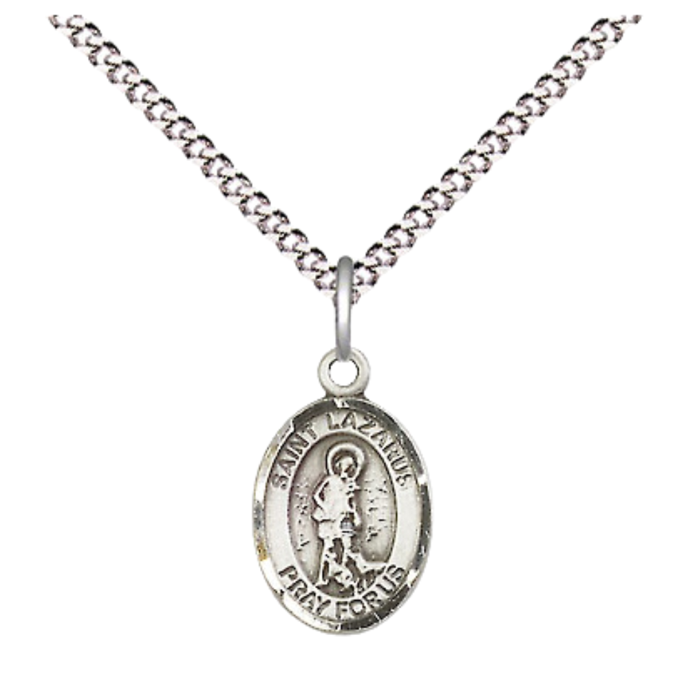Small Sized Women's Pewter Saint St. Lazarus Medal Pendant on 18 Inch Rhodium Plated Lite Curb Brass Chain with Lobster Claw Clasp, Catholic Religious Necklace - Made in USA- Velvet Gift Box