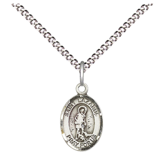 Small Sized Women's .925 Sterling Silver Saint St. Lazarus Medal Pendant on 18 Inch Rhodium Plated Lite Curb Brass Chain with Lobster Claw Clasp, Catholic Religious Necklace - Made in USA- Velvet Gift Box