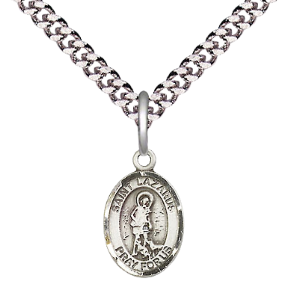 Small Sized Men's .925 Sterling Silver Saint St. Lazarus Medal Pendant on 24 Inch Endless Rhodium Plated Heavy Curb Brass Chain, Catholic Religious Necklace - Made in USA- Deluxe Velvet Gift Box