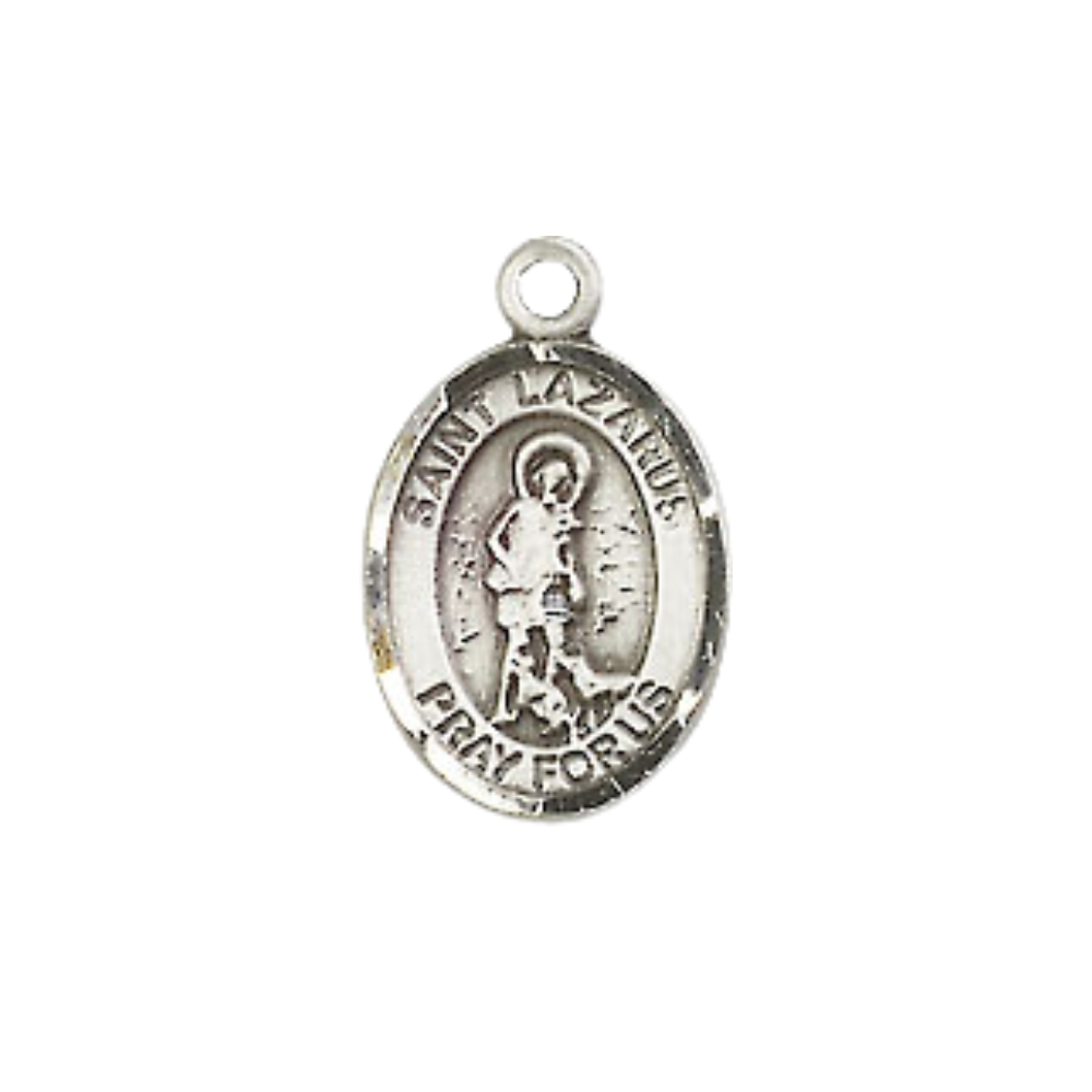 Small Sized Men's Pewter Saint St. Lazarus Medal Pendant on 24 Inch Endless Rhodium Plated Heavy Curb Brass Chain, Catholic Religious Necklace - Made in USA- Deluxe Velvet Gift Box