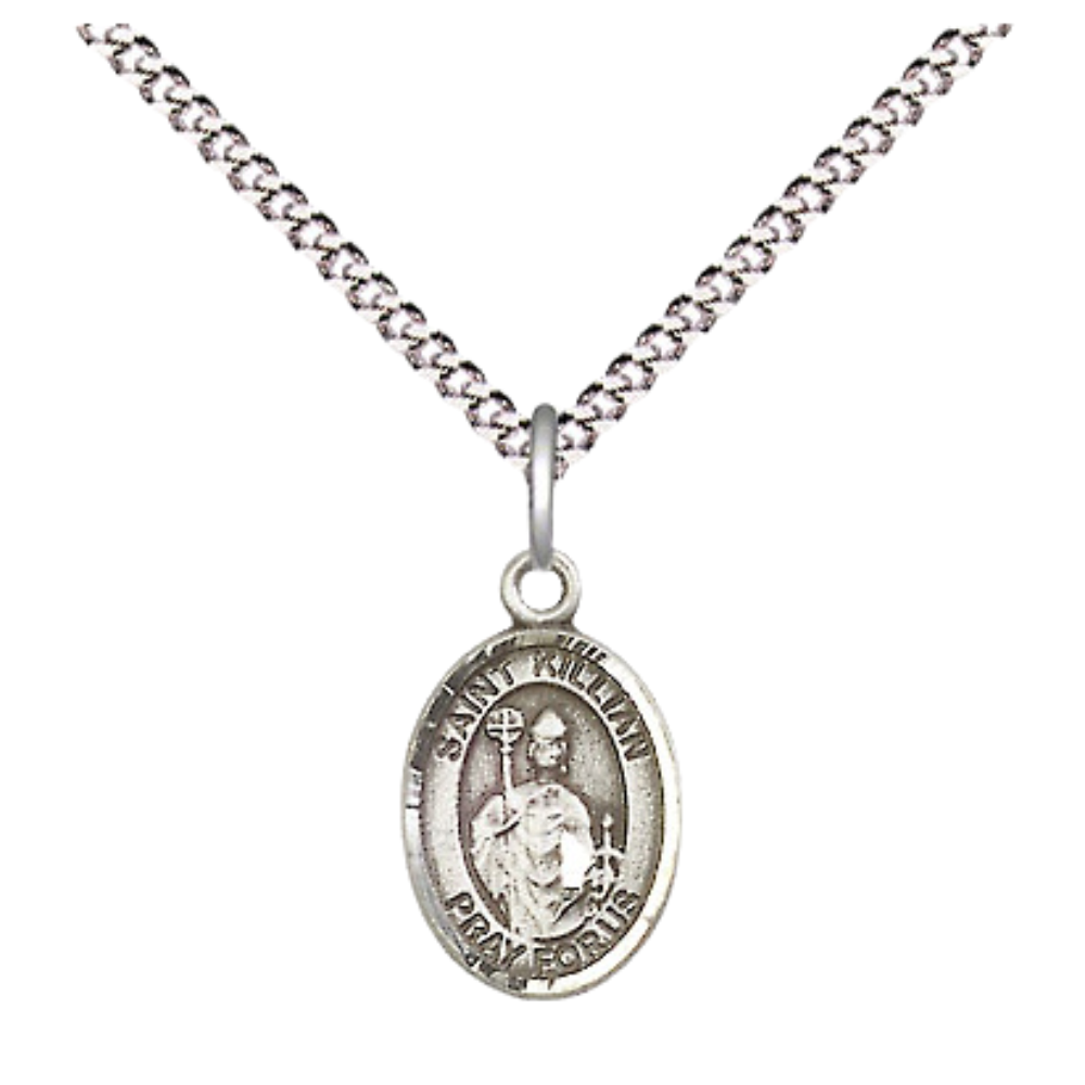 Small Sized Women's Pewter Saint Kilian Medal Pendant on 18 Inch Rhodium Plated Lite Curb Brass Chain with Lobster Claw Clasp, Catholic Religious Necklace - Made in USA- Velvet Gift Box