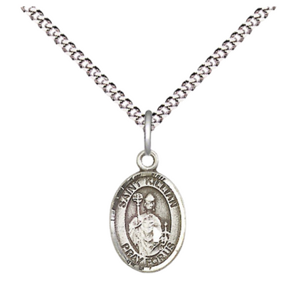 Small Sized Women's Pewter Saint Kilian Medal Pendant on 18 Inch Rhodium Plated Lite Curb Brass Chain with Lobster Claw Clasp, Catholic Religious Necklace - Made in USA- Velvet Gift Box