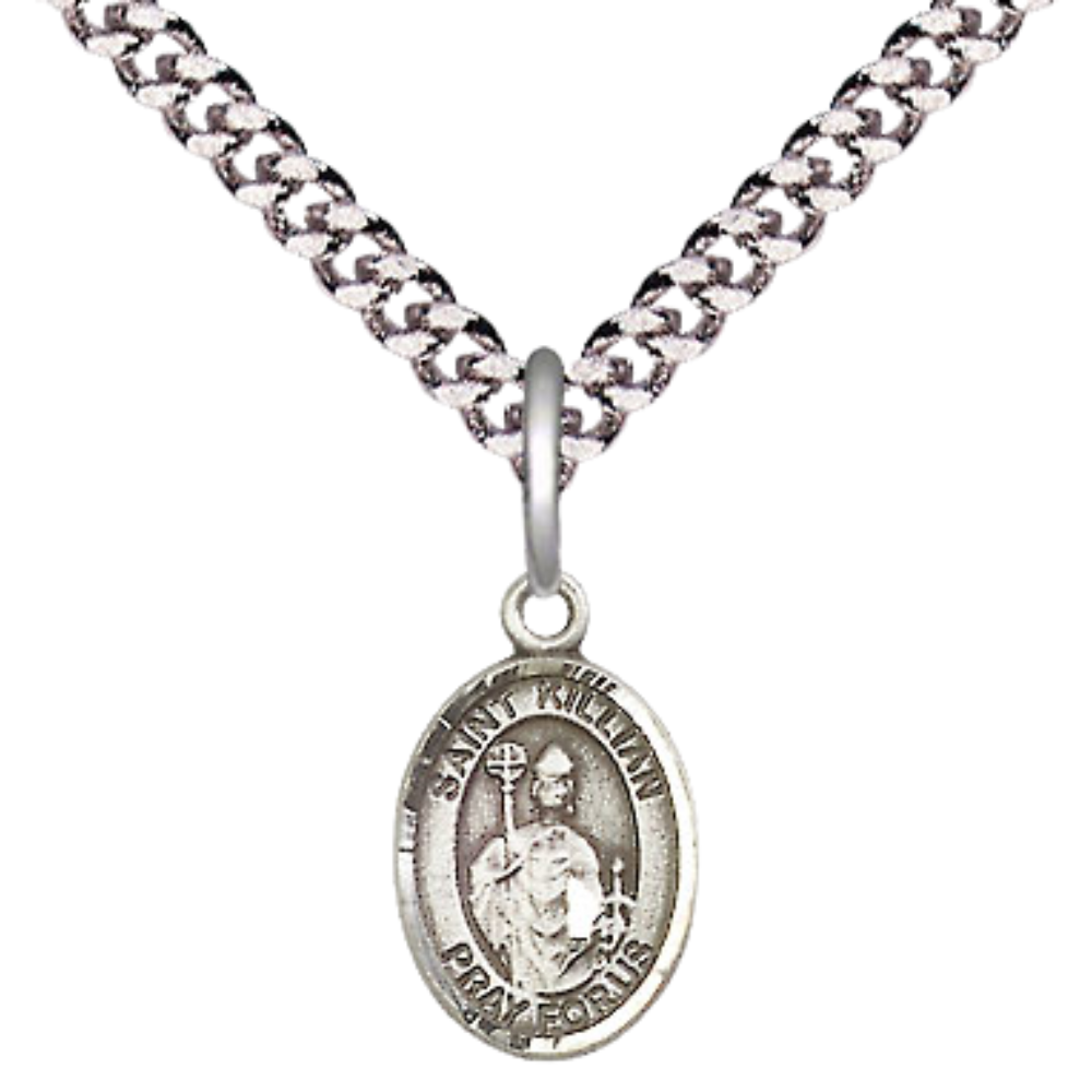 Small Sized Men's Pewter Saint St. Kilian Medal Pendant on 24 Inch Endless Rhodium Plated Heavy Curb Brass Chain, Catholic Religious Necklace - Made in USA- Deluxe Velvet Gift Box