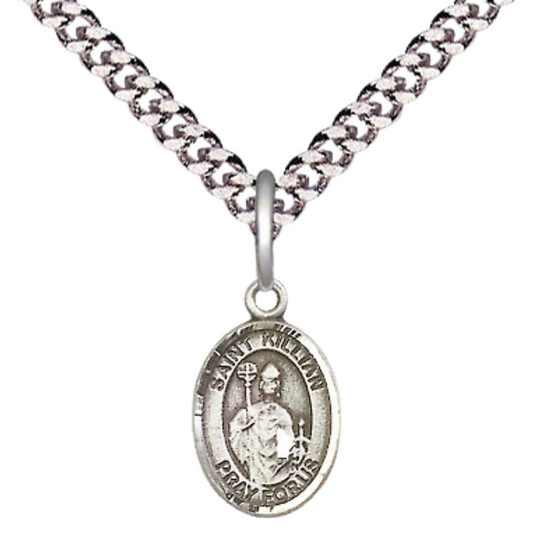 Small Sized Men's Pewter Saint St. Kilian Medal Pendant on 24 Inch Endless Rhodium Plated Heavy Curb Brass Chain, Catholic Religious Necklace - Made in USA- Deluxe Velvet Gift Box