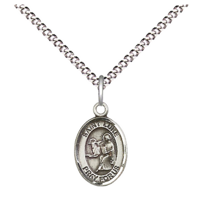 Small Sized Women's .925 Sterling Silver Saint Luke the Apostle Medal Pendant on 18 Inch Rhodium Plated Lite Curb Brass Chain with Lobster Claw Clasp, Catholic Religious Necklace - Made in USA- Velvet Gift Box