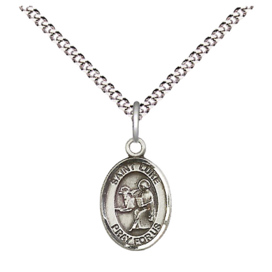Small Sized Women's Pewter Saint St. Luke the Apostle Medal Pendant on 18 Inch Rhodium Plated Lite Curb Brass Chain with Lobster Claw Clasp, Catholic Religious Necklace - Made in USA- Velvet Gift Box