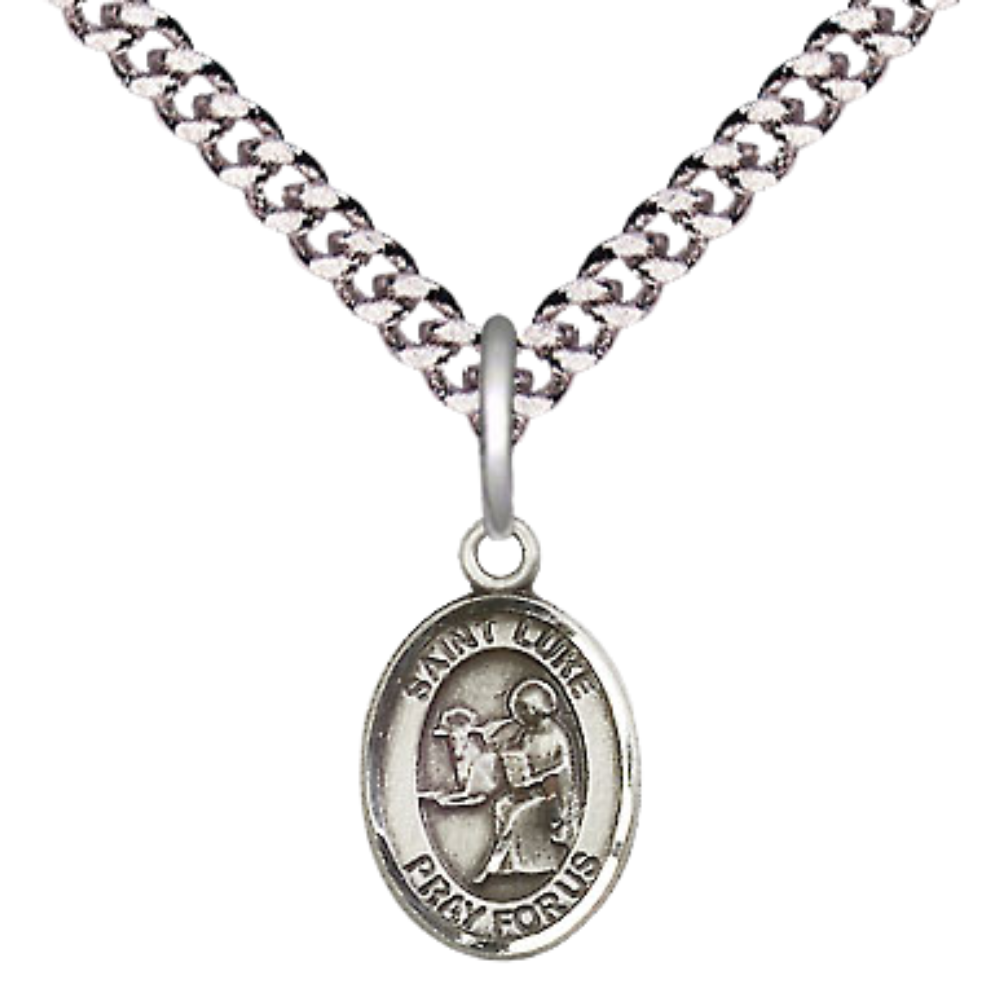 Small Sized Men's Pewter Saint St. Luke the Apostle Medal Pendant on 24 Inch Endless Rhodium Plated Heavy Curb Brass Chain, Catholic Religious Necklace - Made in USA- Deluxe Velvet Gift Box