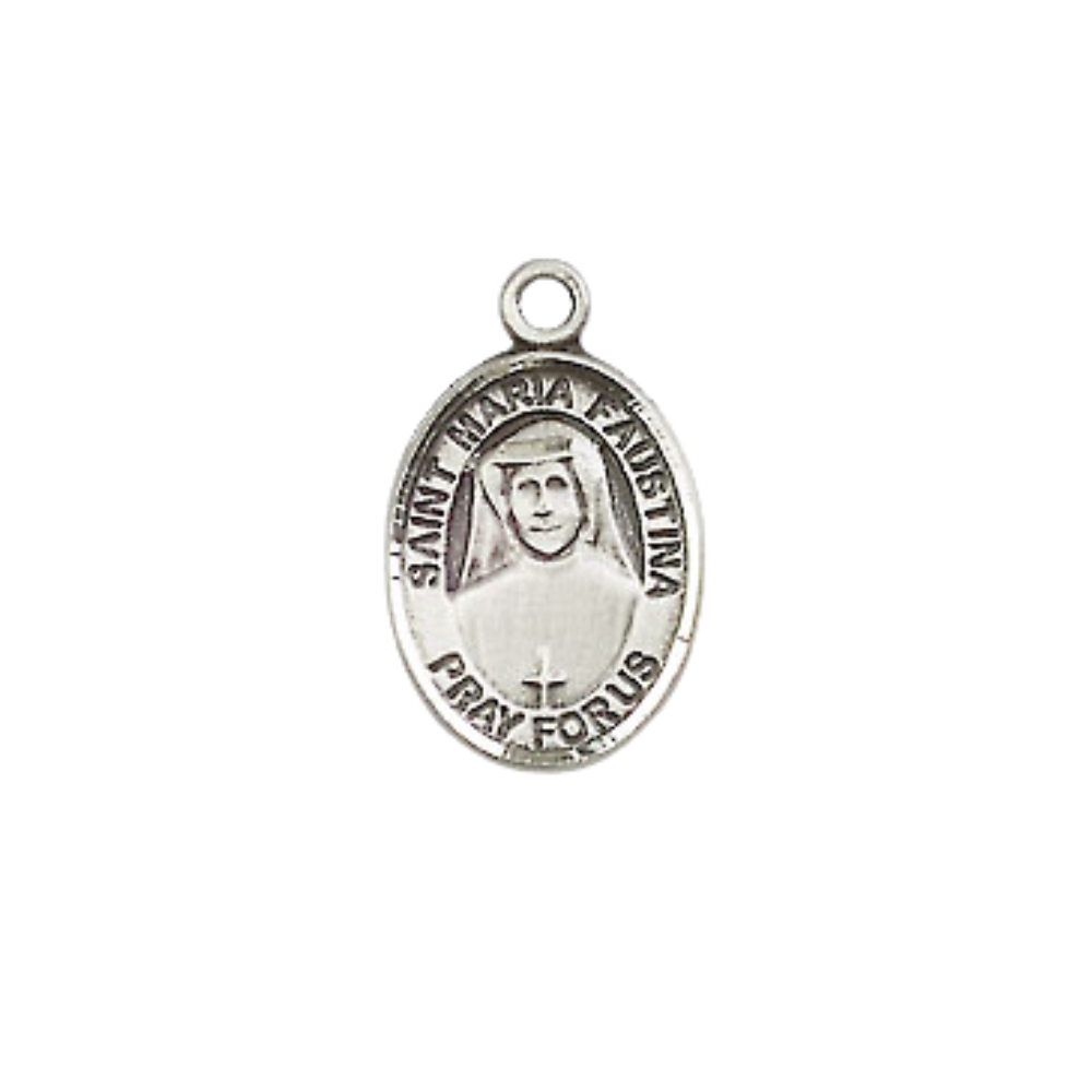 Small Sized Women's Pewter Saint St. Maria Faustina Medal Pendant on 18 Inch Rhodium Plated Lite Curb Brass Chain with Lobster Claw Clasp, Catholic Religious Necklace - Made in USA- Velvet Gift Box