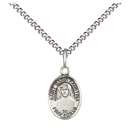 Small Sized Women's .925 Sterling Silver Saint Maria Faustina Medal Pendant on 18 Inch Rhodium Plated Lite Curb Brass Chain with Lobster Claw Clasp, Catholic Religious Necklace - Made in USA- Velvet Gift Box