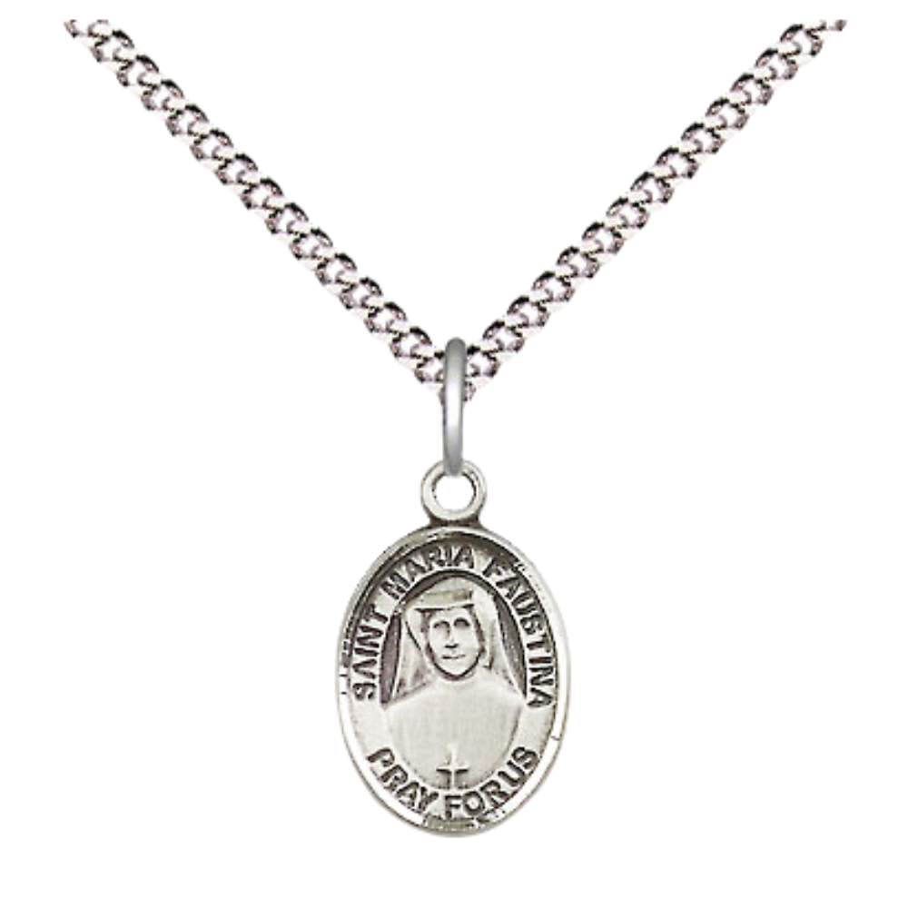 Small Sized Women's Pewter Saint St. Maria Faustina Medal Pendant on 18 Inch Rhodium Plated Lite Curb Brass Chain with Lobster Claw Clasp, Catholic Religious Necklace - Made in USA- Velvet Gift Box