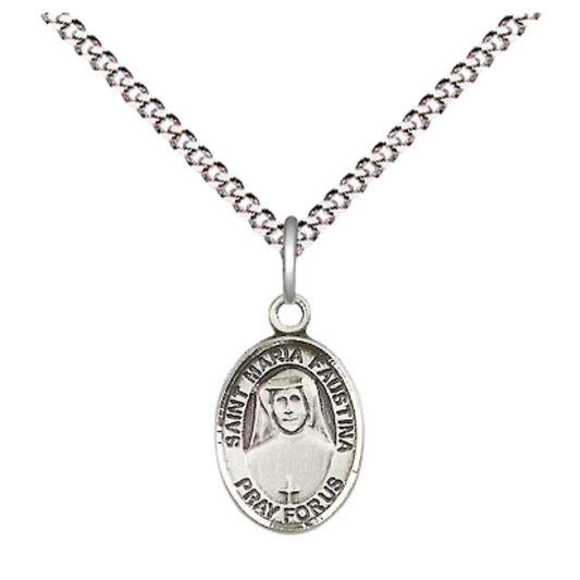 Small Sized Women's Pewter Saint St. Maria Faustina Medal Pendant on 18 Inch Rhodium Plated Lite Curb Brass Chain with Lobster Claw Clasp, Catholic Religious Necklace - Made in USA- Velvet Gift Box