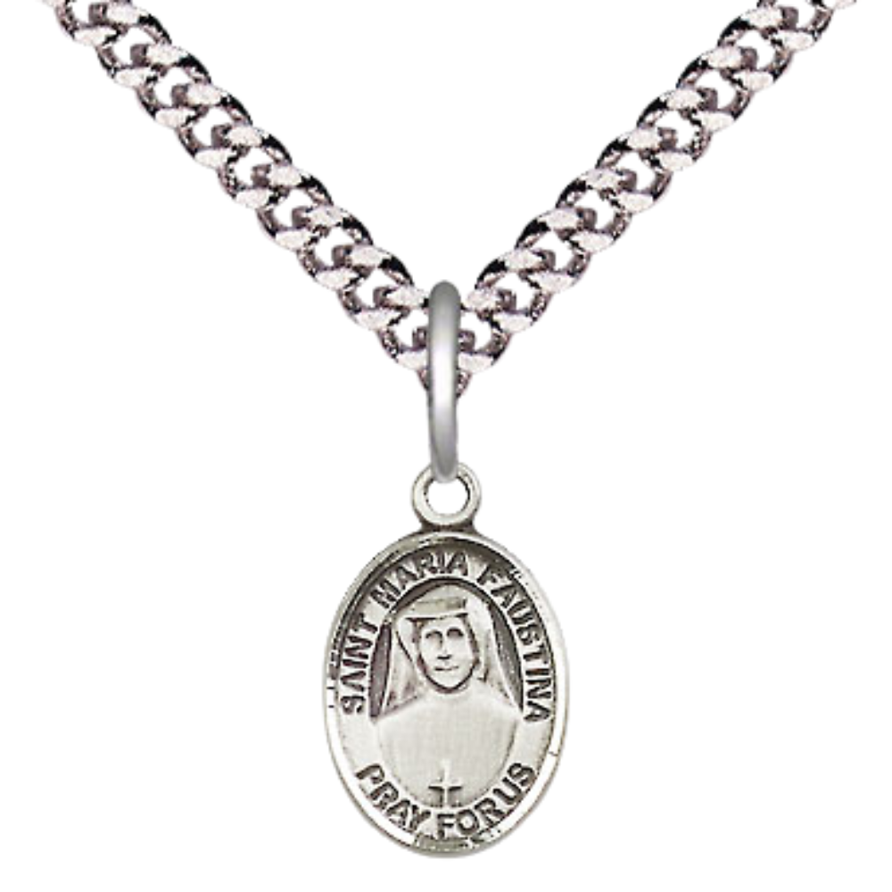 Small Sized Men's Pewter Saint St. Maria Faustina Medal Pendant on 24 Inch Endless Rhodium Plated Heavy Curb Brass Chain, Catholic Religious Necklace - Made in USA- Deluxe Velvet Gift Box
