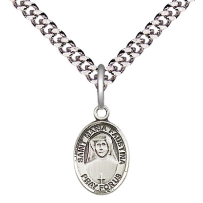 Small Sized Men's .925 Sterling Silver Saint St. Maria Faustina Medal Pendant on 24 Inch Endless Rhodium Plated Heavy Curb Brass Chain, Catholic Religious Necklace - Made in USA- Deluxe Velvet Gift Box