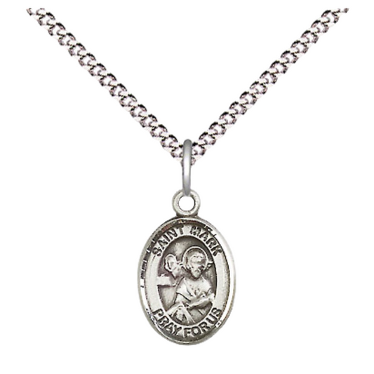 Small Sized Women's Pewter Saint Mark the Evangelist Medal Pendant on 18 Inch Rhodium Plated Lite Curb Brass Chain with Lobster Claw Clasp, Catholic Religious Necklace - Made in USA- Velvet Gift Box