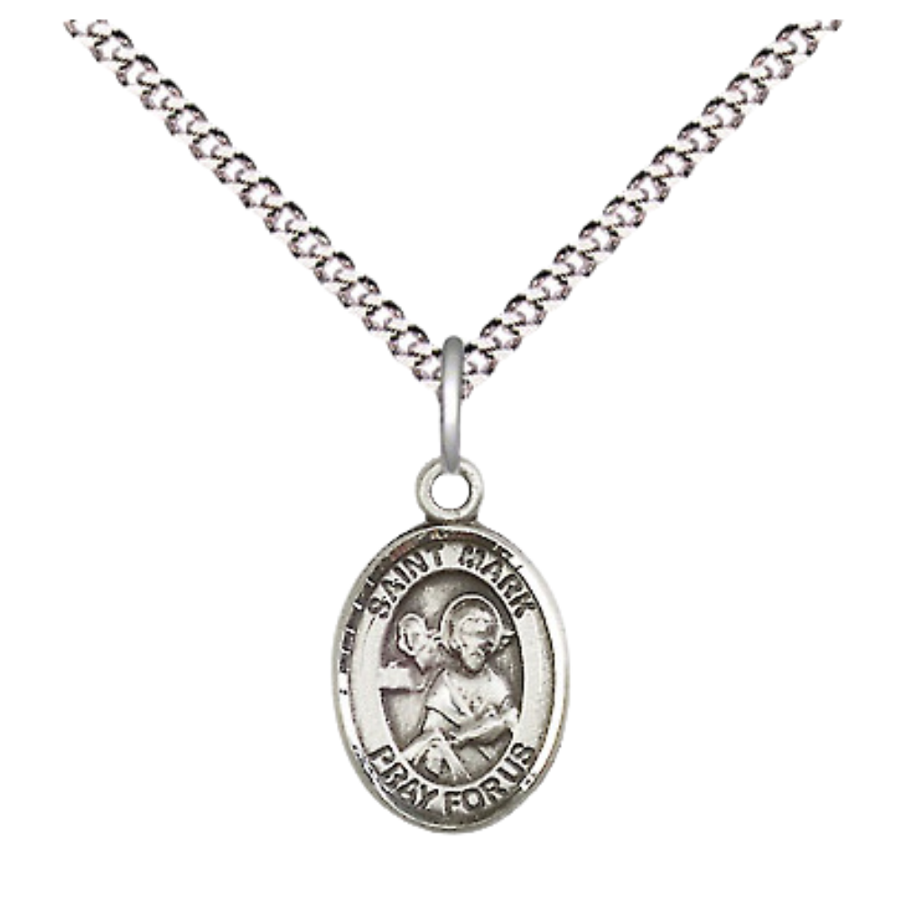 Small Sized Women's Pewter Saint Mark the Evangelist Medal Pendant on 18 Inch Rhodium Plated Lite Curb Brass Chain with Lobster Claw Clasp, Catholic Religious Necklace - Made in USA- Velvet Gift Box