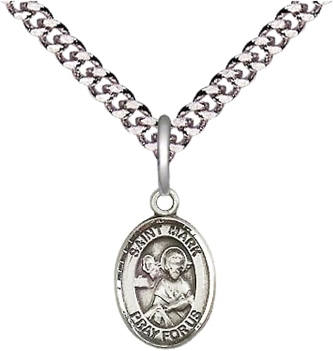 Small Sized Men's .925 Sterling Silver Saint St. Mark the Evangelist Medal Pendant on 24 Inch Endless Rhodium Plated Heavy Curb Brass Chain, Catholic Religious Necklace - Made in USA- Deluxe Velvet Gift Box