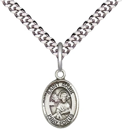 Small Sized Men's Pewter Saint St. Mark the Evangelist Medal Pendant on 24 Inch Endless Rhodium Plated Heavy Curb Brass Chain, Catholic Religious Necklace - Made in USA- Deluxe Velvet Gift Box