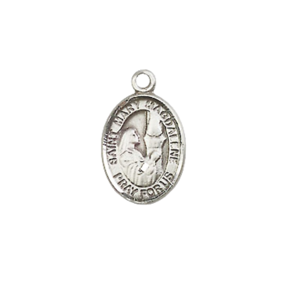 Small Sized Women's Pewter Saint Mary Magdalene Medal Pendant on 18 Inch Rhodium Plated Lite Curb Brass Chain with Lobster Claw Clasp, Catholic Religious Necklace - Made in USA- Velvet Gift Box