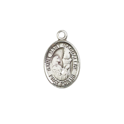 Small Sized Women's Pewter Saint Mary Magdalene Medal Pendant on 18 Inch Rhodium Plated Lite Curb Brass Chain with Lobster Claw Clasp, Catholic Religious Necklace - Made in USA- Velvet Gift Box