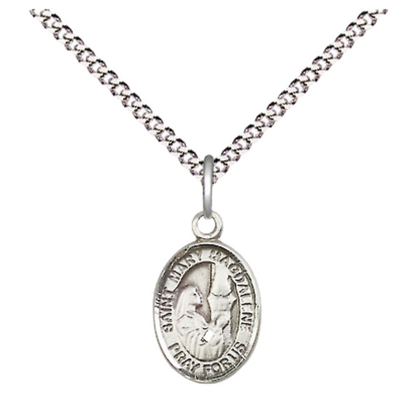 Small Sized Women's .925 Sterling Silver Saint St. Mary Magdalene Medal Pendant on 18 Inch Rhodium Plated Lite Curb Brass Chain with Lobster Claw Clasp, Catholic Religious Necklace - Made in USA- Velvet Gift Box