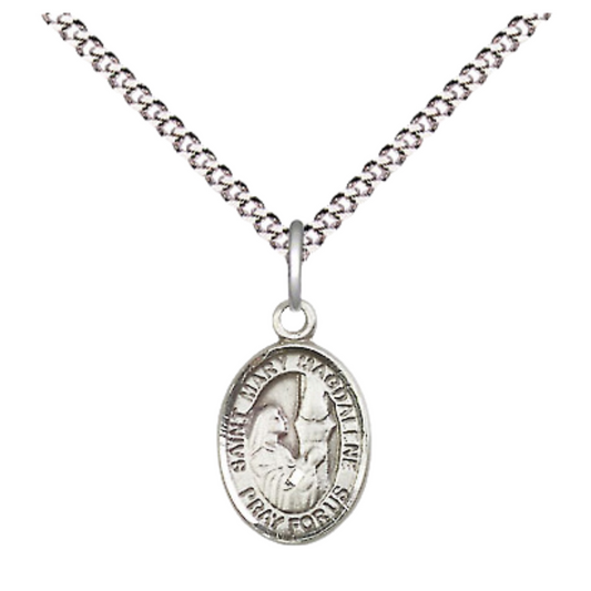 Small Sized Women's Pewter Saint Mary Magdalene Medal Pendant on 18 Inch Rhodium Plated Lite Curb Brass Chain with Lobster Claw Clasp, Catholic Religious Necklace - Made in USA- Velvet Gift Box