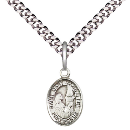 Small Sized Men's .925 Sterling Silver Saint St. Mary Magdalene Medal Pendant on 24 Inch Endless Rhodium Plated Heavy Curb Brass Chain, Catholic Religious Necklace - Made in USA- Deluxe Velvet Gift Box