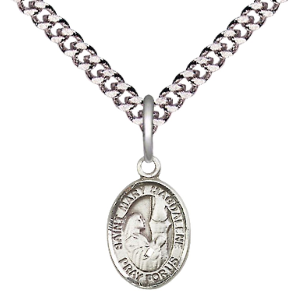 Small Sized Men's Pewter Saint St. Mary Magdalene Medal Pendant on 24 Inch Endless Rhodium Plated Heavy Curb Brass Chain, Catholic Religious Necklace - Made in USA- Deluxe Velvet Gift Box