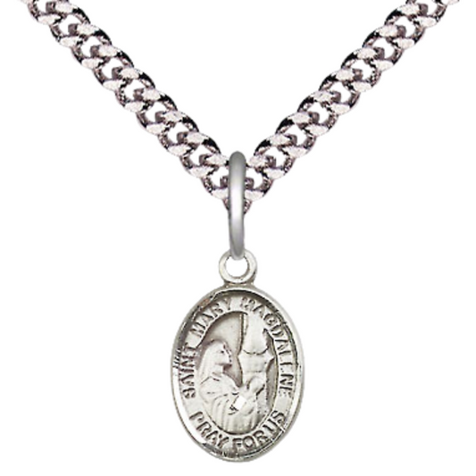 Small Sized Men's Pewter Saint St. Mary Magdalene Medal Pendant on 24 Inch Endless Rhodium Plated Heavy Curb Brass Chain, Catholic Religious Necklace - Made in USA- Deluxe Velvet Gift Box