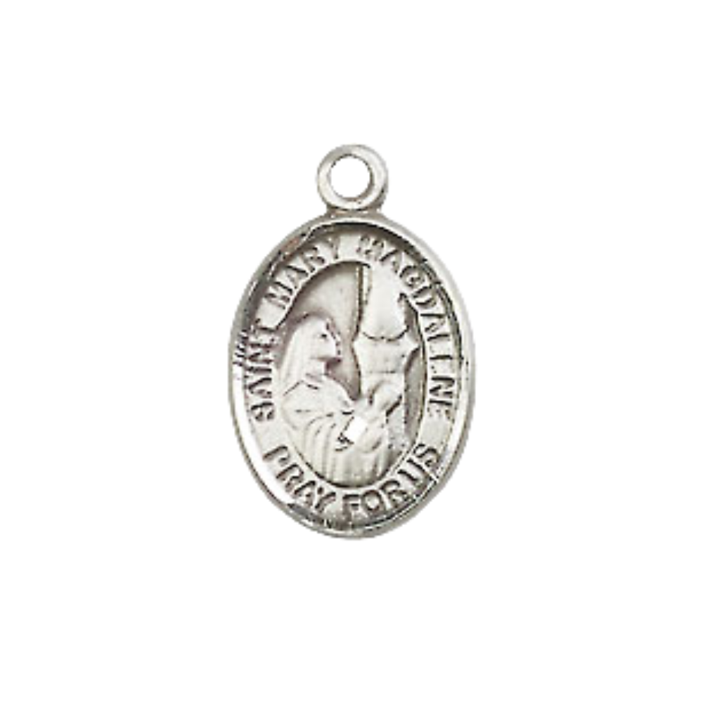 Small Sized Men's Pewter Saint St. Mary Magdalene Medal Pendant on 24 Inch Endless Rhodium Plated Heavy Curb Brass Chain, Catholic Religious Necklace - Made in USA- Deluxe Velvet Gift Box