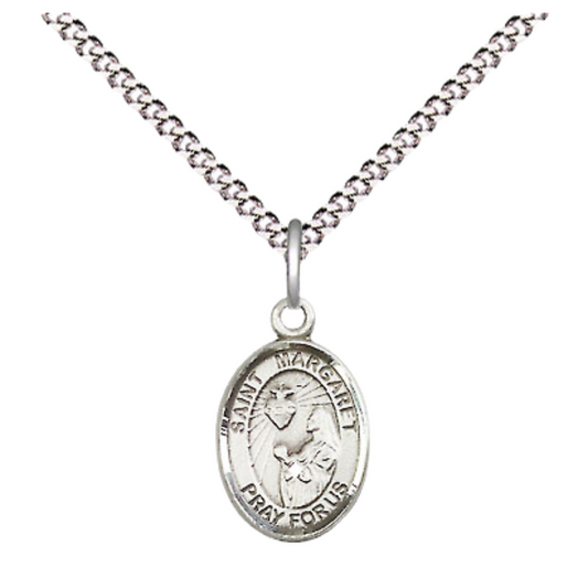 Small Sized Women's Pewter Saint St. Margaret Mary Alacoque Medal Pendant on 18 Inch Rhodium Plated Lite Curb Brass Chain with Lobster Claw Clasp, Catholic Religious Necklace - Made in USA- Velvet Gift Box