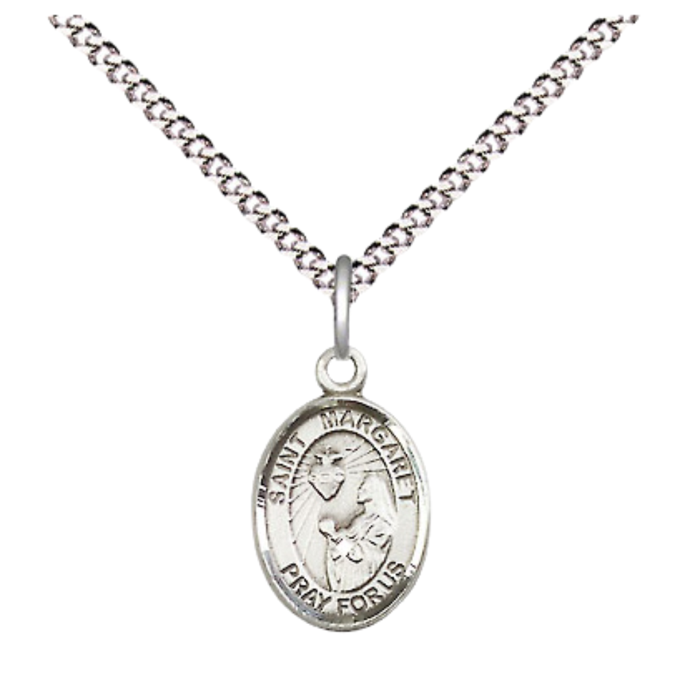 Small Sized Women's .925 Sterling Silver Saint St. Margaret Mary Alacoque Medal Pendant on 18 Inch Rhodium Plated Lite Curb Brass Chain w/ Lobster Claw Clasp, Catholic Religious Necklace - Made in USA- Velvet Gift Box
