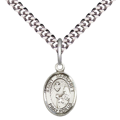 Small Sized Men's Pewter Saint St. Margaret Mary Alacoque Medal Pendant on 24 Inch Endless Rhodium Plated Heavy Curb Brass Chain, Catholic Religious Necklace - Made in USA- Deluxe Velvet Gift Box